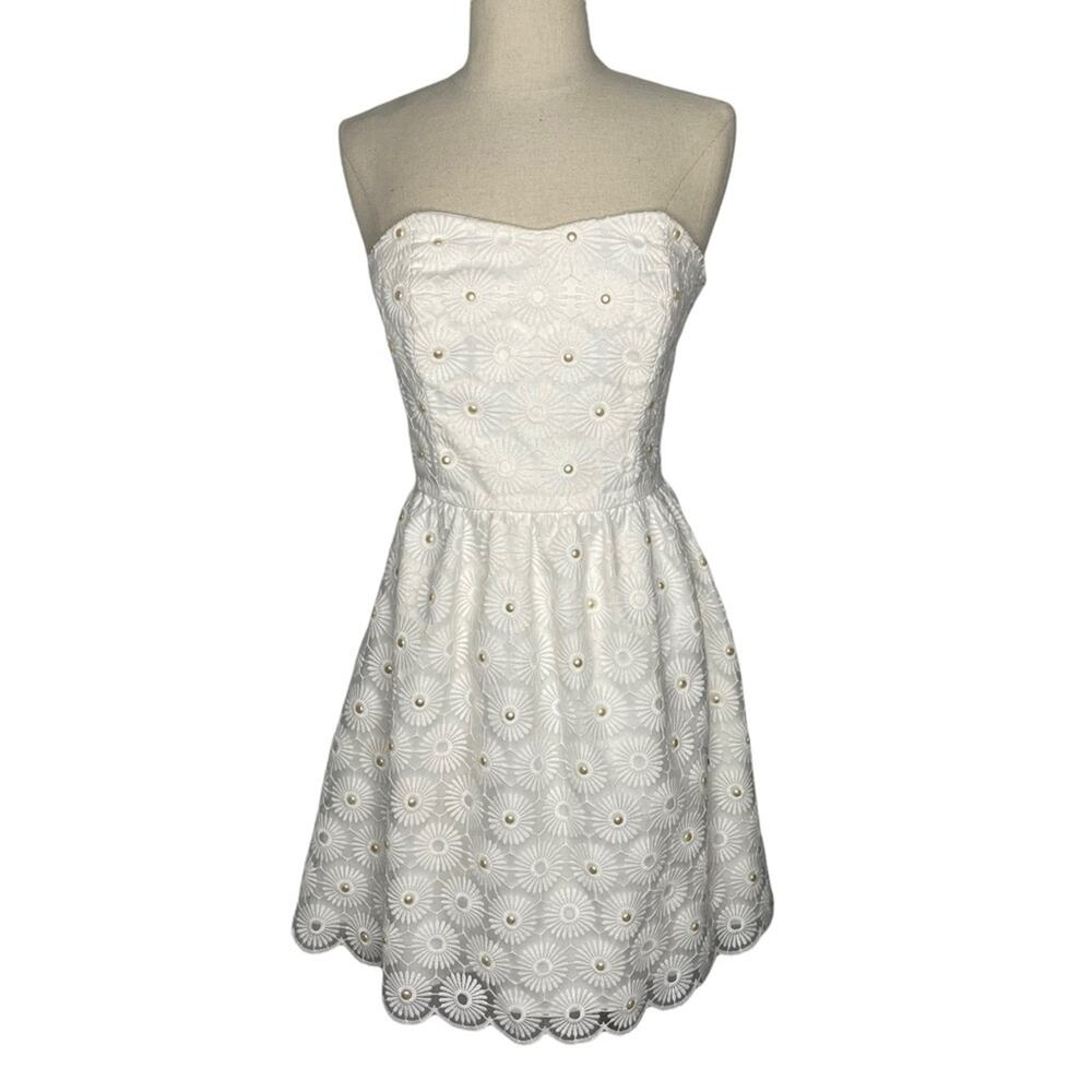 Lilly Pulitzer Payton Dress Strapless White Pinwheel Floral Pearls 2